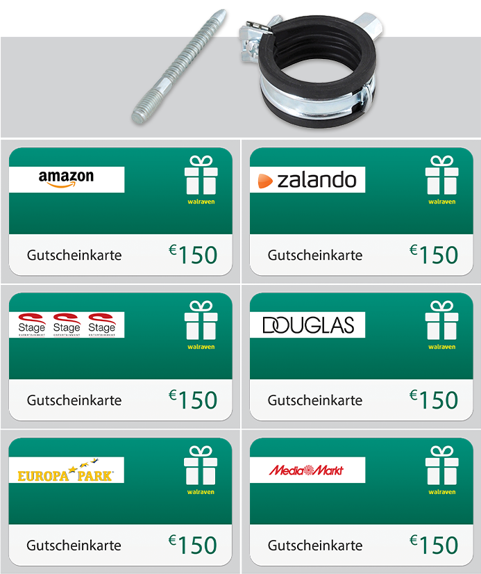 Aktionspaket bestehend aus: - 300 x BISMAT Flash Rohrschellen M8 in Abmessung DN 15 - 18 | 20 - 23 | 25 - 28 mm - 300 x Walraven Stockschrauben mit WM-Kopf in Abmessung M8 x 80 + M8 x 100 mm - 1 x Gutschein nach Wahl im Wert von 150 €