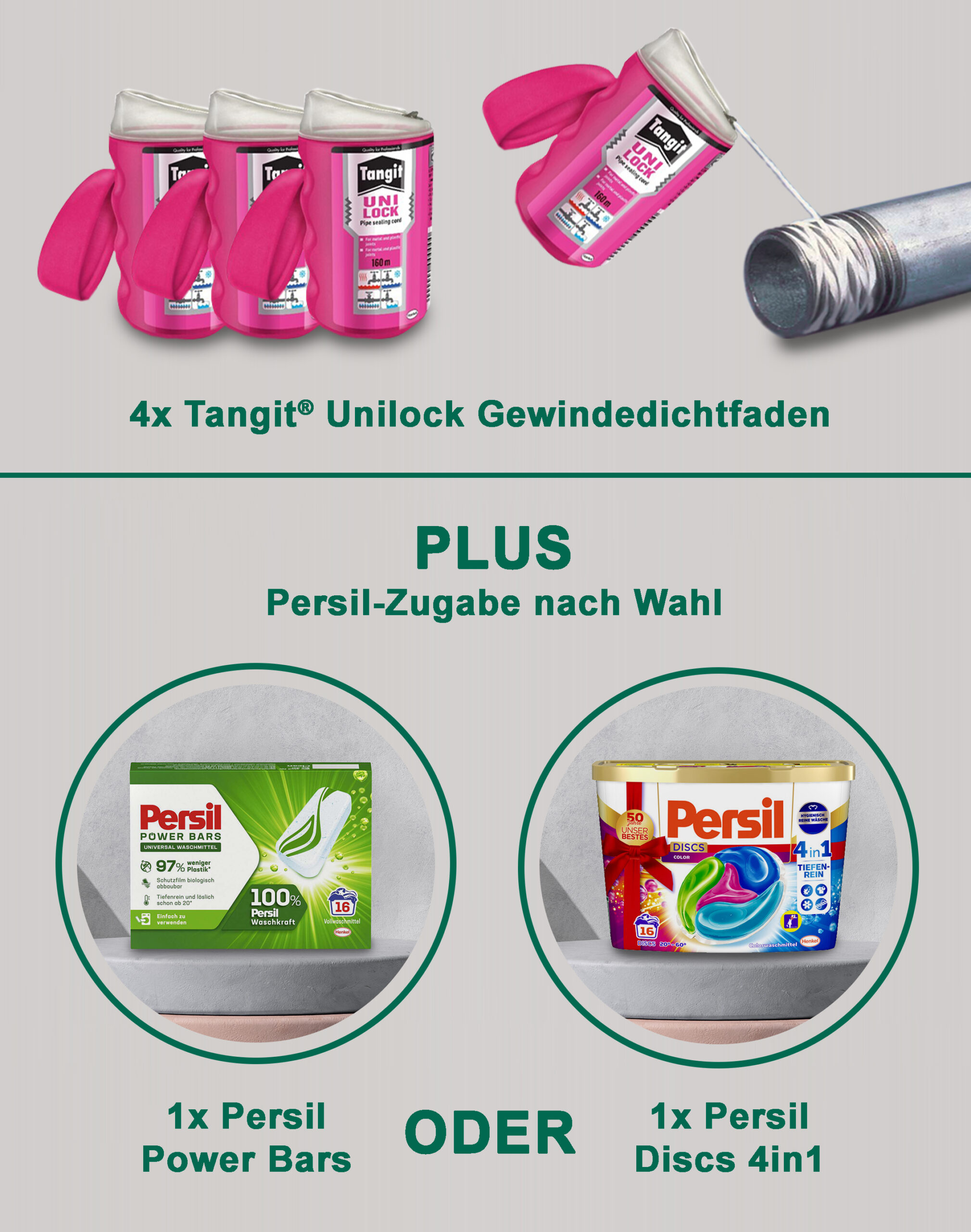 Aktionspaket Aktion des Monats mit Tangit Unilock Gewindedichtfaden und Persil-Zugabe