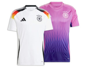 Das weiße Heim- sowie das lila-pinkfarbene Auswärtstrikot der deutschen Fußball-Nationalmannschaft für die EM 2024