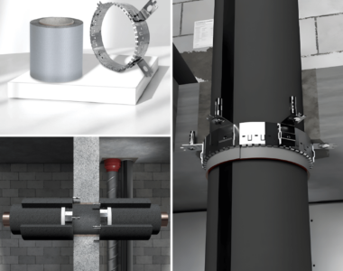 Mit der Anwendungserweiterung des Walraven Pacifyre® NBR-plus Brandschutzbands durch eine Metallbandummantelung können nun nichtbrennbare, gedämmte Rohre vor der Wand oder Decke nachträglich abgeschottet werden.