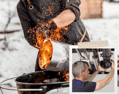 Auf dem Bild ist eine Person zu sehen, welche heiße Kohlen in einen Grill schüttet. Der Hintergrund ist verschneit. Fachwissen und Genuss in einem Event – das TGA Erlebnis-Seminar 2025 „Feuer & Eis im Griff“ kombiniert ein praxisorientiertes Brandschutzseminar mit einem außergewöhnlichen Grillkurs in winterlicher Atmosphäre.