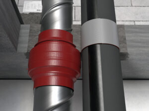 Darstellung: Walraven Pacifyre® NBR-plus Brandschutzband im Nullabstand zu Absperrvorrichtungen (Wildeboer TS 18, Strulik BSE, Geba AVR bis DN 200) nach DN 18017-3).Es sind zwei Rohre zu sehen, welche durch eine Decke geführt werden.