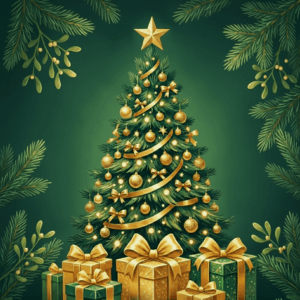 Ein Tannenbaum mit Geschenken vor grünem Hintergrund: Walraven wünscht ein besinnliches Fest 2025.