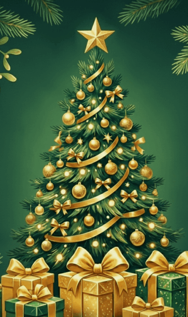 Ein Tannenbaum mit Geschenken vor grünem Hintergrund: Walraven wünscht ein besinnliches Fest 2025.