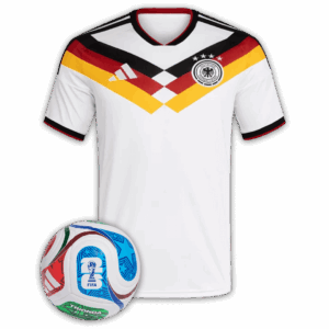 Abbildung eines deutschen Fußballtrikots für die WM 2026 sowie eines WM-Balls "Trionda", welche Walraven bei der Messe SHK Essen 2026 als Paket verlost.