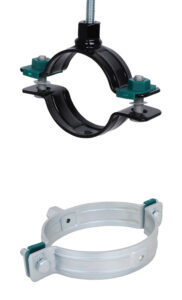 Produktfotos Walraven Schwerlastschelle HD500 für Sprinkler- und Löschwasserleitungen und darunter die Walraven Schwerlastschelle HD500