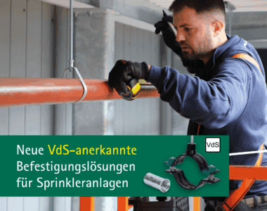 Neue VdS-anerkannte Befestigungslösungen für Sprinkleranlagen mit der Walraven Schwerlastschelle HD500 und dem Walraven WDI2R Einschlaganker