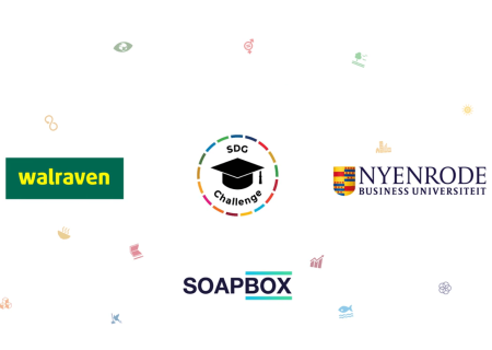 Logos von Walraven, der SDG Challenge, Nyenrode Business Universiteit und Soapbox zur Zusammenarbeit für nachhaltige Gebäudetechnik im Zuge der SDG Challenge 2026.
