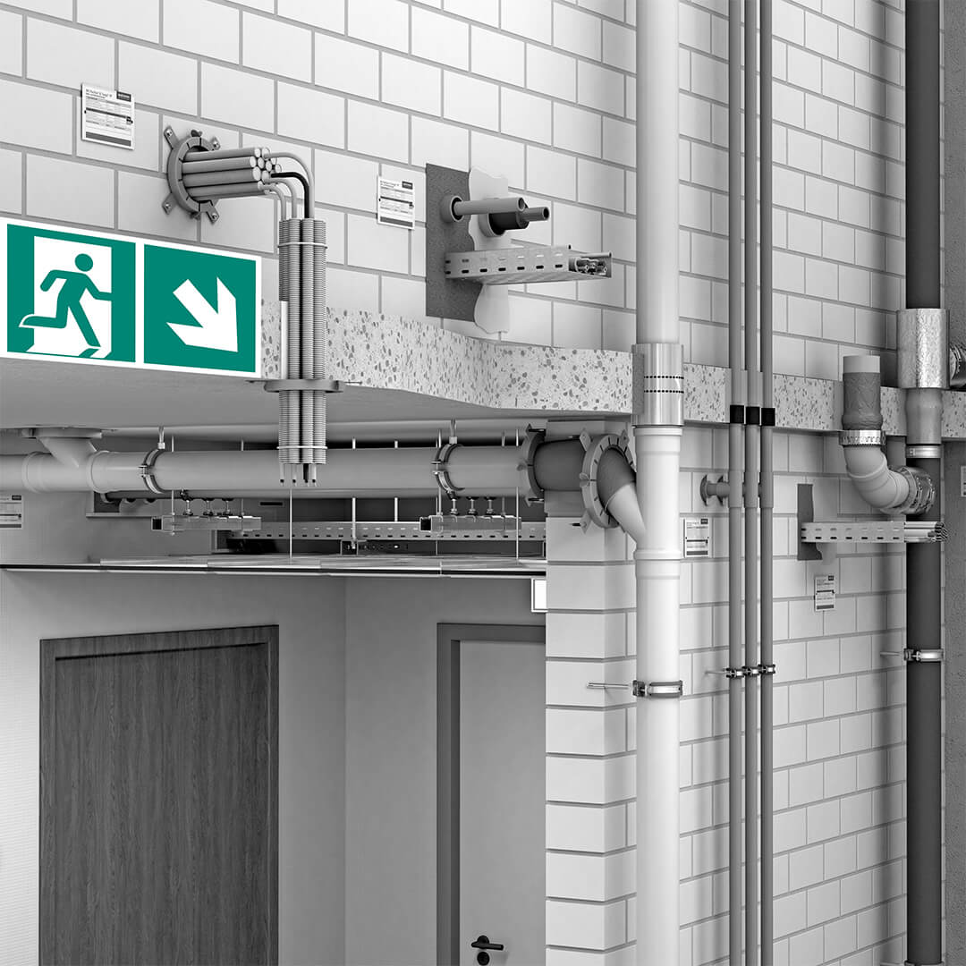 Technische Darstellung von Rohrleitungen, Kabelinstallationen und brandgeprüften Befestigungssystemen in einem Fluchtweg zur Veranschaulichung des Brandschutzes in Fluchtwegen.