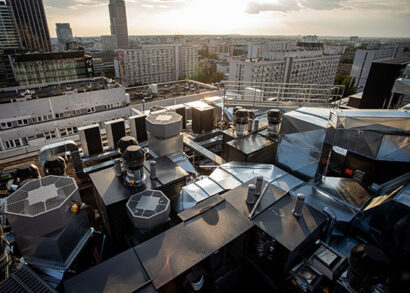 Prefabricated walkways on the roof of a 16-storey apartment building