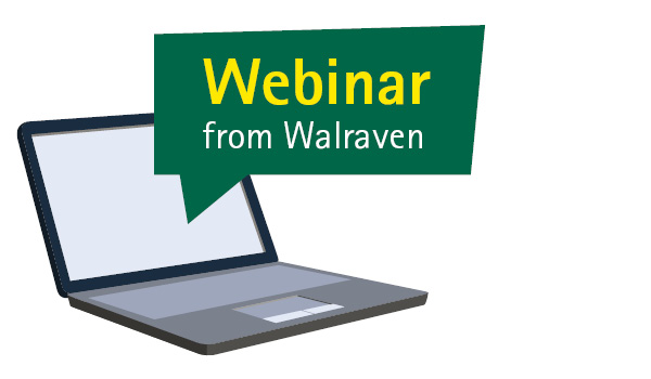 Ein aufgeschlagenes Laptop mit einer Sprechblase "Webinar from Walraven"