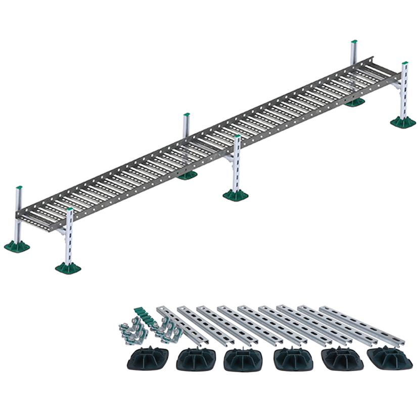 BIS Yeti® 130 Kabelrinnen-Set für Flachdachinstallationen; eine Beispielaufsständerung im Bild oben und die einzelnen Elemente des Montagesatzes unten im Bild. 