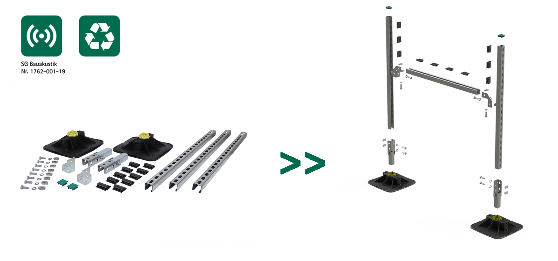 BIS Yeti® 335 Luftkanalset links abgebildet die einzelnen Produkte eines Sets, darüber ein Schallschutz- und ein Recycling-Symbol. Rechts eine Explosionszeichnung eines Sets. Darunter das Walraven-Logo.