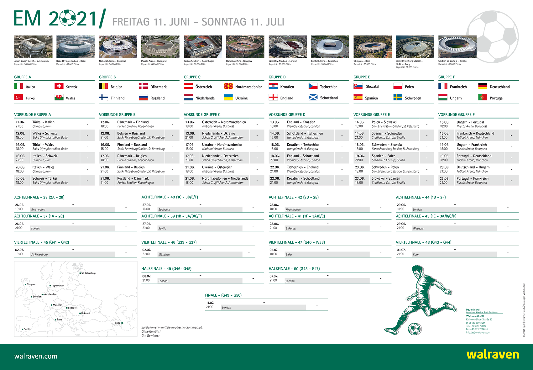 Spielplan der Fußball-EM 2021 mit Abbildung der Stadien.