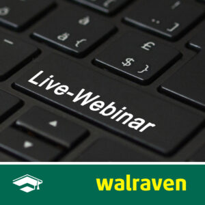 Ausschnitt des Bildes einer Tastatur mit dem Text "Live-Webinar" auf der rechten Umschalttaste. Darunter eine grüne Leiste mit dem Walraven-Logo und einem stilisierten Hut als Zeichen für "Walraven-Akademie".