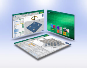 Drei Bildschirme angeordnet mit der DesinFiX-Einstiegs- und zwei Projektseiten vor einem Hintergrund mit blauem Verlauf.