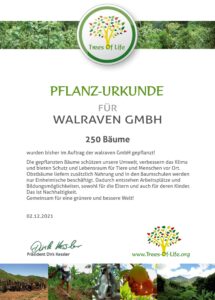 Pflanzurkunde für 250 Bäume bei trees of life